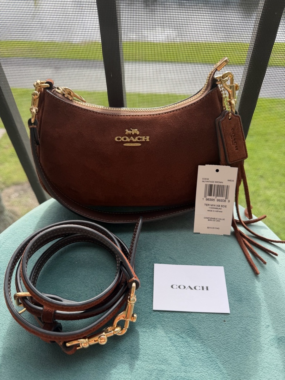 NWT Coach Brown Suede Teri Mini Crossbody with Gold Hardware